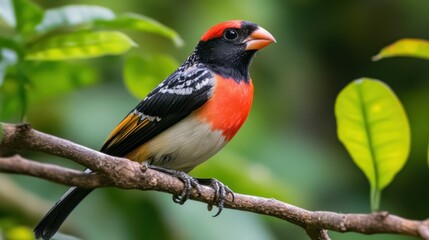 Fototapeta premium Beautiful bird Grosbeak among the branches of a tropical tree, background wallpaper AI generated image