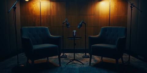 Two chairs and microphones in a podcast interview room with soft lighting Stock photo
