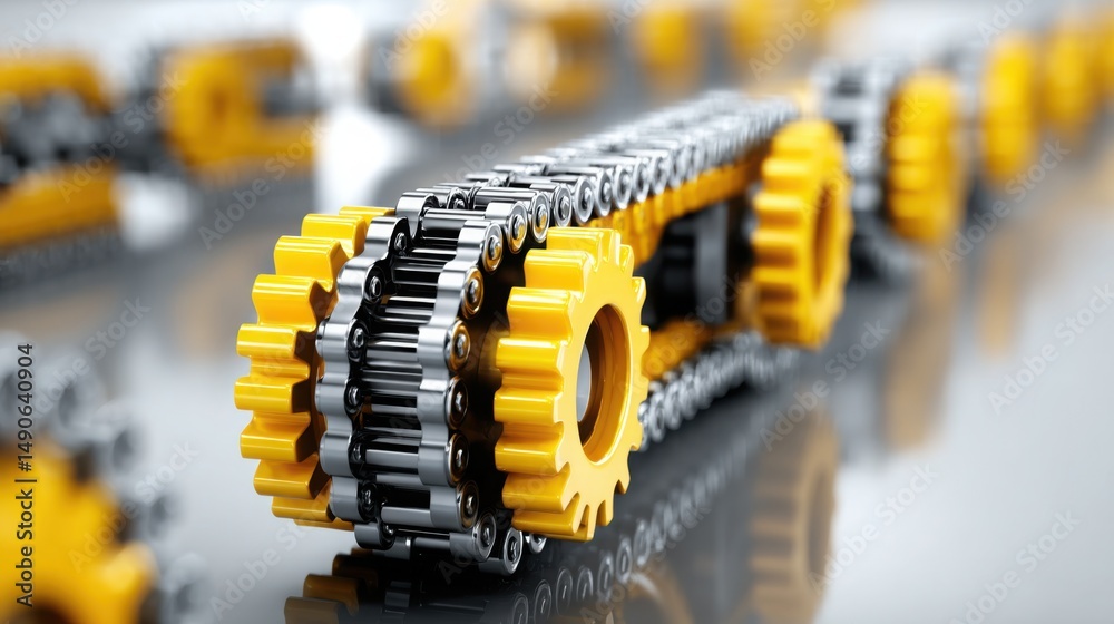 Poster group of yellow gears representing machine-powered value chain visualizer icon concept for industria