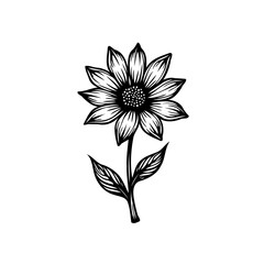 Elegant monochrome drawing of a stylized flower with textured petals and leaves