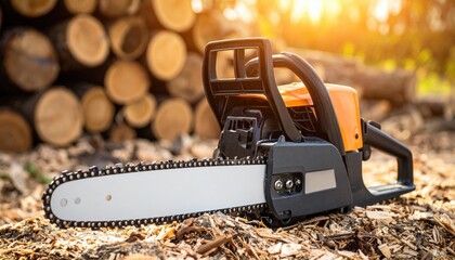 Chainsaw and Timber: A close-up shot of a powerful chainsaw ready for action, positioned in front of a pile of freshly cut timber, bathed in natural sunlight.