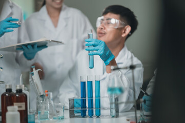 Fototapeta premium Laboratory team engaged in medical research for health innovation, collaborating with advanced tools and technology to explore new treatments, diagnostics, and scientific breakthroughs in medicine