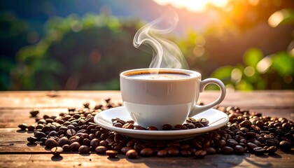 Morning Coffee Delight: A steaming cup of coffee amidst a pile of roasted beans, bathed in the warm glow of sunrise.