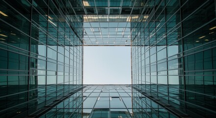 Geometric Glass Facade Perspective - Modern architecture, urban design, business, corporate, and innovation. Symbolizing growth, structure, and ambition