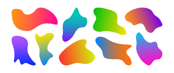 Shape organic irregular color gradient, liquid blob form, neon colored figure, round curve bubble rainbow gradation bg, fluid spot texture set isolated on white background. Wavy vector illustration