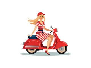 Attractive blonde woman in red and white striped dress riding a classic red scooter

