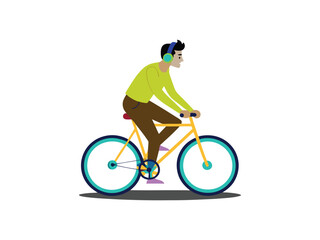 Obraz premium Young man riding a bicycle while listening to music with headphones 