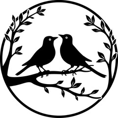 Design features black bird silhouette perched on a branch with leaves enclosed in a circle 