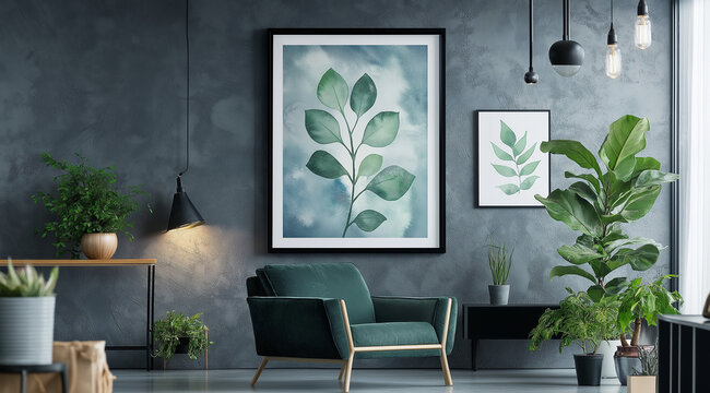 impress&atilde;o bot&acirc;nica emoldurada com folhas em aquarela em tons de azul e verde, lindamente exibida em interior moderno com plantas em vasos