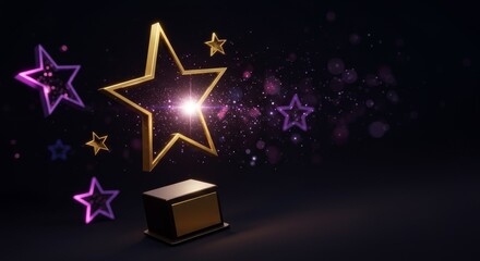 Fototapeta premium Golden Star Award Recognition - A 3D of a golden star award on a dark background, symbolizing achievement, success, excellence, recognition, and celebration