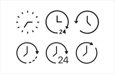 Clock icon set. timer, alarm, schedule, hourglass, clock icons, speed, restore, management, calendar, watch thin line symbols, Victor illustration Eps 10