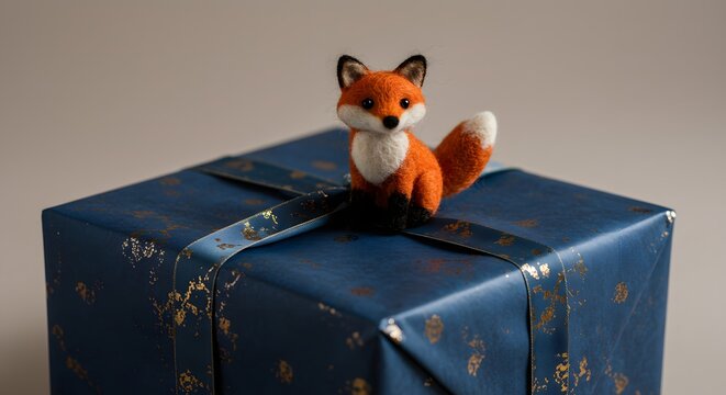 A plush fox sitting atop a blue gift box with a gold ribbon design