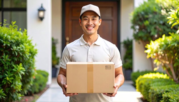 Smiling Delivery Professional: A friendly and efficient delivery man stands ready, holding a package, portraying the reliability of prompt and reliable service.