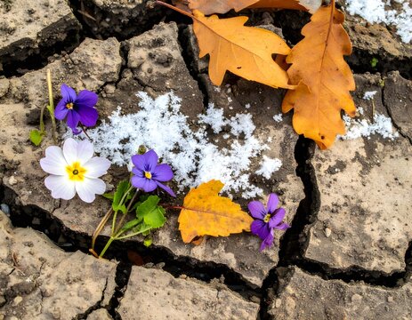 autumn leaves on the stone and have snow flack