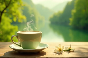 Serene Morning A Warm Beverage Beside a Tranquil Lake, Embellished by Delicate Blossoms