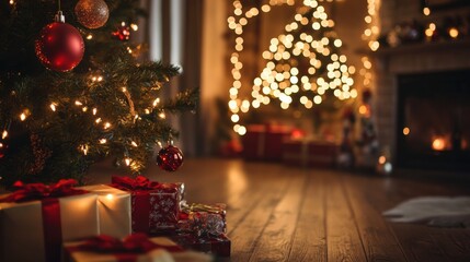 Presents sit beneath a Christmas tree in a softly lit living room