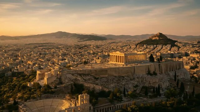 Acropolis of Athens Aerial View, Explore the Parthenon and Odeon of Herodes Atticus During Golden Hour in Ultra-Realistic 4K
