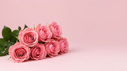 Pink rose beautiful bouquet on light pink background, Valentine's Day, Wedding, Anniversary, Greeting Card Design