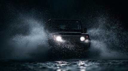 Car driving through heavy rain and deep water on urban road, creating dramatic water splashes. Concept of bad weather, flood, danger, transportation challenge, climate change and road safety