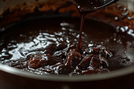 ction shot of black vinegar pork stir fry with sauce drizzle and steam rising