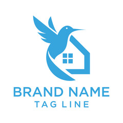A charming and unique logo featuring a stylized hummingbird interacting with the silhouette of a house in blue. Evokes themes of home, nature, and a light, airy feel. Suitable for real estate or eco-f