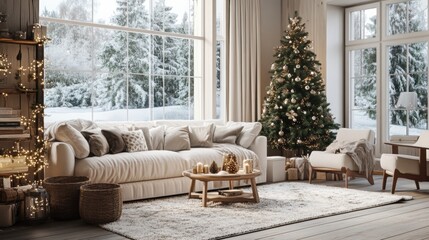 Cozy Winter Interior Scene with Christmas Tree and Snowy Outdoor View