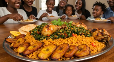  Authentic Nigerian Jollof Rice with Fried Plantains and Grilled Chicken at Family Gathering