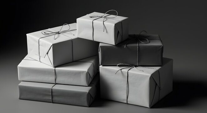 A stack of wrapped gifts in white and gray paper with string bows tied