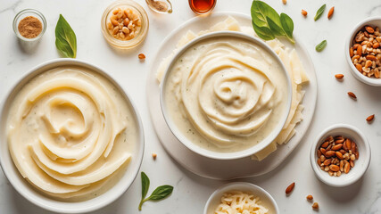 Artistic Vegan Dessert with Whipped Cream, Almonds, and Pine Nuts Staged with Colorful Flowers and Fresh Basil: A Textured, Culinary Tablescape of Homemade and Healthy Ingredients