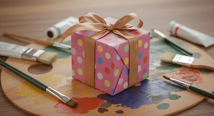 Wrapped gift box with ribbon on artist palette surrounded by paint tubes