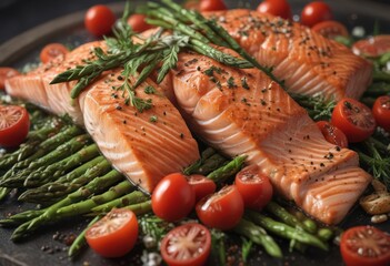 Close-up of salmon with asparagus and tomatoes, herbs garnish, detail, herbs
