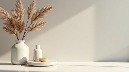 Serene Minimalist Home Decor Still Life with Dried Floral Arrangement in White Vase on Table