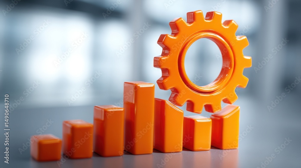 Poster a gear wheel intertwined with a bar graph illustrating productivity metrics and output efficiency in