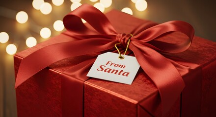 A christmas gift wrapped in red with a tag that says from santa on it