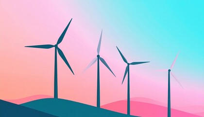 Pastel Sunset Landscape with Three Wind Turbines Generating Clean Energy A Stunning View of Alternative Energy Sources
