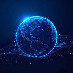 Obraz premium Futuristic Polygonal Wireframe Globe with Glowing Neon Light and Holographic Aura on Dark Background