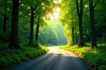 Obraz premium A Serene Winding Road Through a Lush Green Forest, Bathed in the Golden Light of Dawn