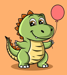 Green dinosaurs holding a balloon on cartoon style with isolated background 