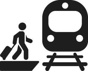 Minimalist Travel Icon: Person with Suitcase Approaching Train on Platform
