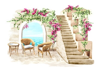 Relax zone in the patio, decorated with plants. Hand drawn watercolor illustration, isolated on white background