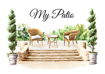 Relax zone in the cozy patio. Hand drawn watercolor illustration, isolated on white background