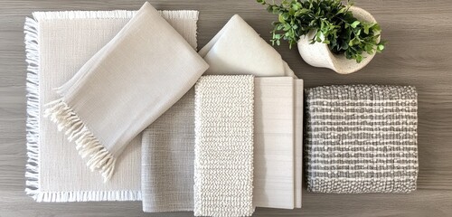Neutral textile swatches arranged on wood;  includes placemats, napkins, and textured fabrics in varying shades of beige and grey