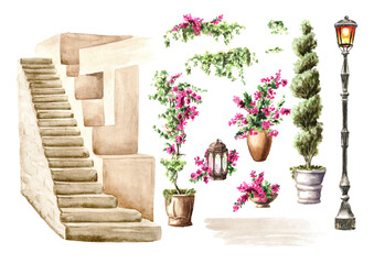Stone staircase up, decorated with plants and flowers, architectural element of the patio set. Hand drawn watercolor illustration, isolated on white background