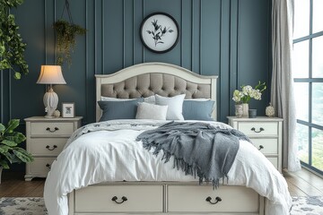 Eight-drawer storage chest with fabric top, grey dresser cabinet, and white accent side table in modern home interior.