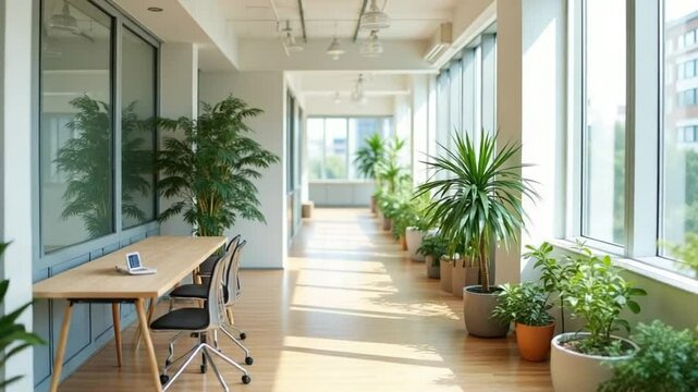 Modern office space plants bright room startup work perfect environment simple minimalism corridor room individual workplace green sustainable corporate creative hall furniture workplace