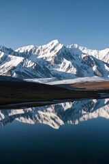 mountains reflected in a lake with snow on them
