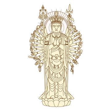 模写大津絵、千手観音 仏画 千手観音