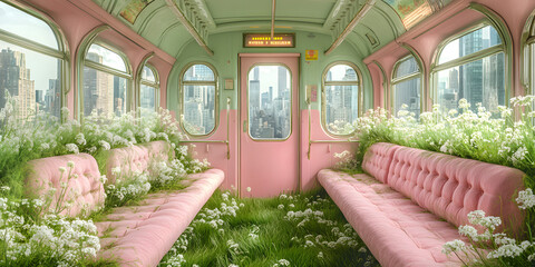 "Floral Oasis on Rails: A whimsical scene unveils a vintage train carriage, where soft pink seating and the lush vibrancy of plants blend harmoniously.