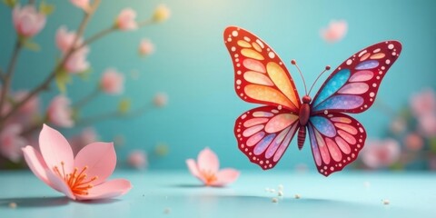 A vibrant butterfly with multicolored wings gracefully flies amidst a delicate array of soft pink blossoms, creating a serene springtime scene.