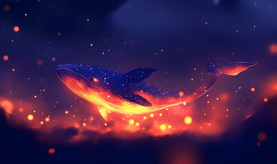 Glowing whale floats amidst clouds, bathed in ethereal light with a dark sky behind it